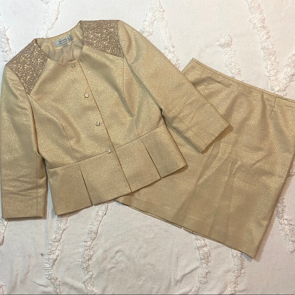 Sparkly Gold Lace Tahari Skirt Suit Size 12